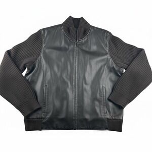 Eddie Bauer Mens Genuine Leather Knit Sleeve Bomber Jacket XXL Brown Full Zip